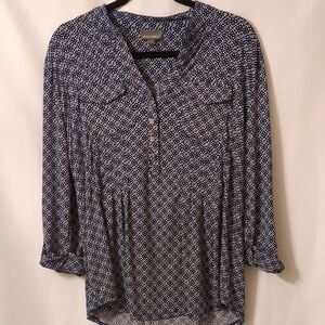 Roaman's Navy and White Printed Button-Front Tunic Top
